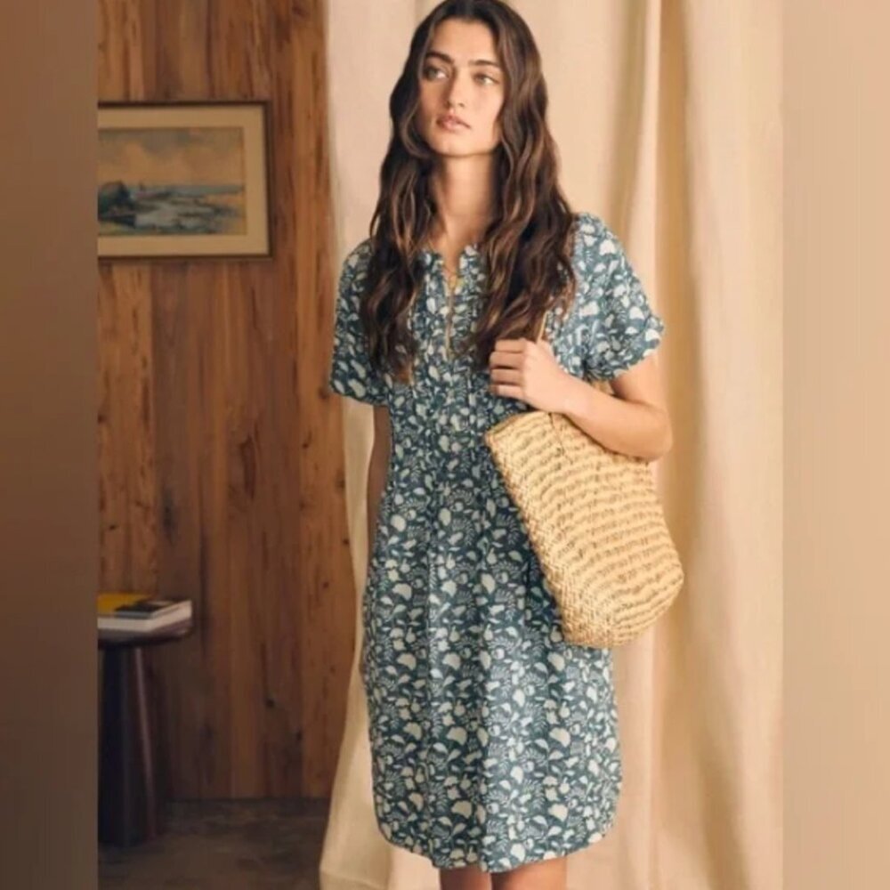 Faherty Womens Gemina Indigo Floral Linen Dress M